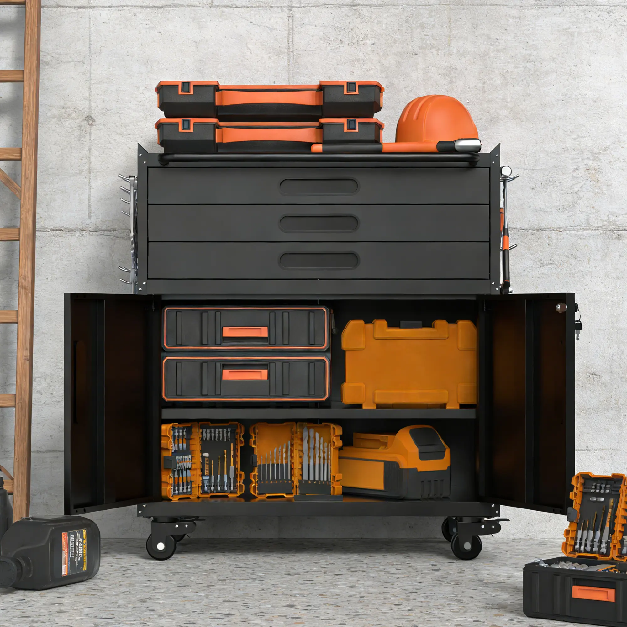34.3 Inch Heavy Duty Rolling Metal Tool Cabinet, Mobile Garage Storage Chest with Lockable Doors and 3 Drawers, Multi-Purpose Rolling Workbench Organizer for Garage, Workshop & Home Use