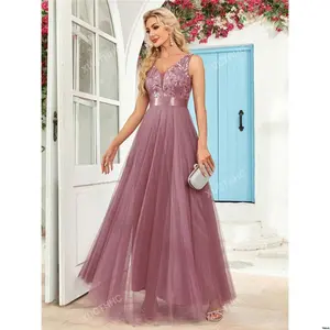 Elegant Dress Bridesmaid Formal Hem Mesh Contrast Sequin Maxi