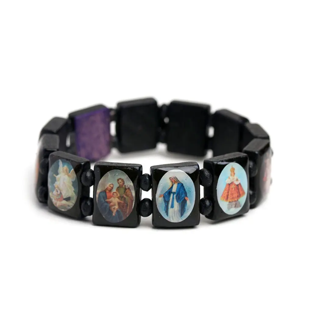 Fashion Wood Stretch Catholic Icon Bracelet Elastic Coloured Beads Wristchain Sty6lish Wristband for Daily Wear