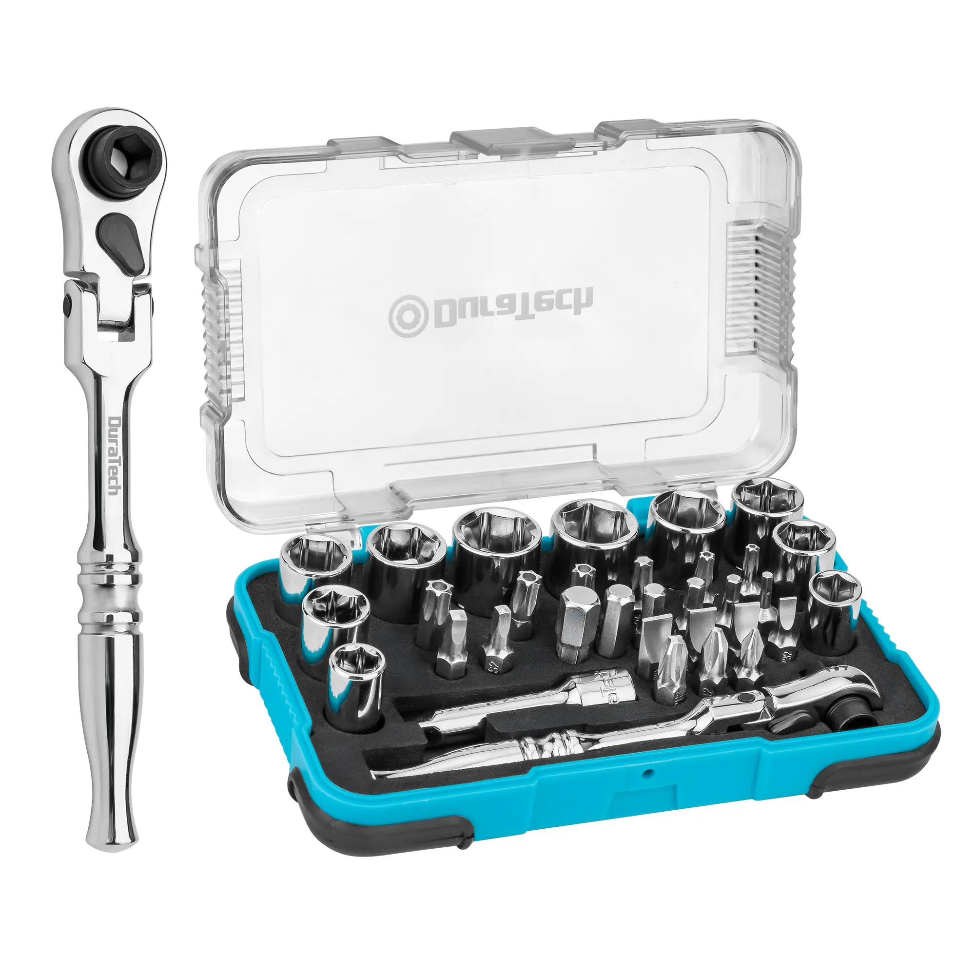 #summersale DURATECH 33-Piece 1/4" Drive Socket and Ratchet Set, 2 in 1 Flex Head Ratchet with Magnetic Bit Driver, CR-V Steel Sockets & Bits, Organized in Storage Case