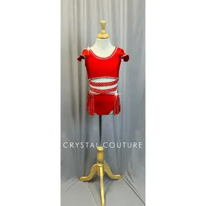 Custom Red Strappy Fringe Two-Piece Set - Rhinestones