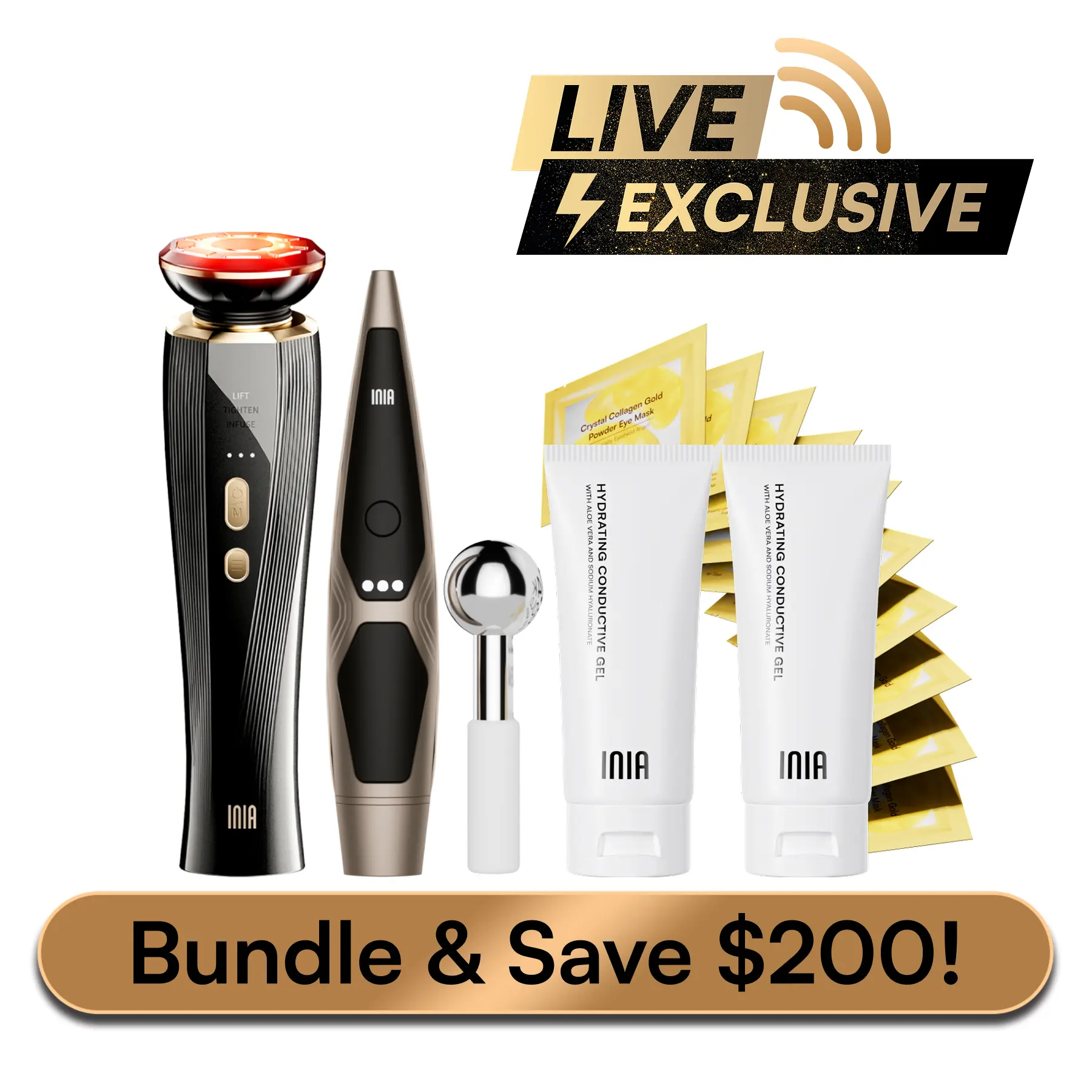 【LIVE EXCLUSIVE】INIA FLARE & LUMIN Facial & Eye Skincare Bundle – 3-in-1 Face + 4-in-1 Eye Beauty Devices for Lifting, Tightening, Reducing Puffiness & Fine Lines,Buy 1 Get 15