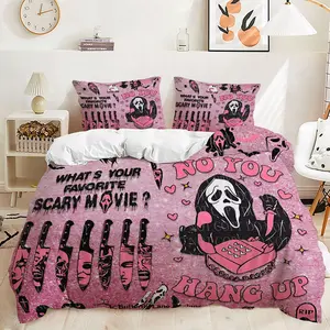 2/3Pcs Spooky Pink Themed Duvet Cover Set, Adorable Scream Mask & Ghost Print Bedding Set, Decorative Duvet Cover, Machine Washable Duvet for Bedroom Decor, Perfect Halloween & Gothic Vibes Includes 1 or 2 Pillowcase - No filling/Zipper Closure