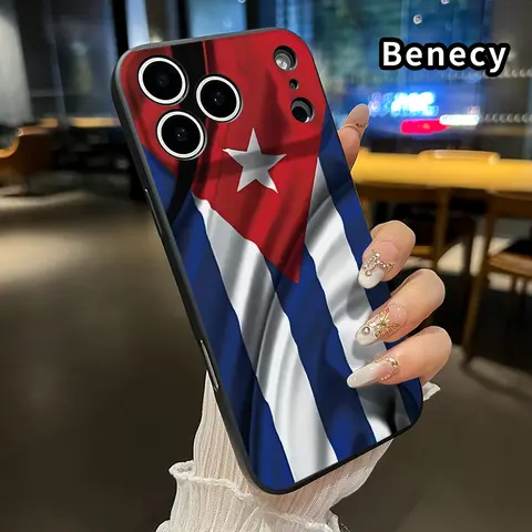 Straight Edge Durable Decorative Phone Case for iPhone 11,12,13,14 Pro Max,15,16,17,XR,XS Plus,Air,E - Cuba's Fluttering Flag Pattern, Shockproof Liquid Silicone Soft TPU Cushion Bumper, Full Coverage Drop Proof Non-Slip Cellphone Accessories Casing