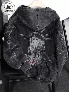 Men's Distressed Hooded Cardigan Sweatshirt, Drawstring Graphic Hoodie, Geometric Print, Casual Fitted Style, Comfortable Warm Design, Spring & Fall Fashion, Gothic Rock Hoodie