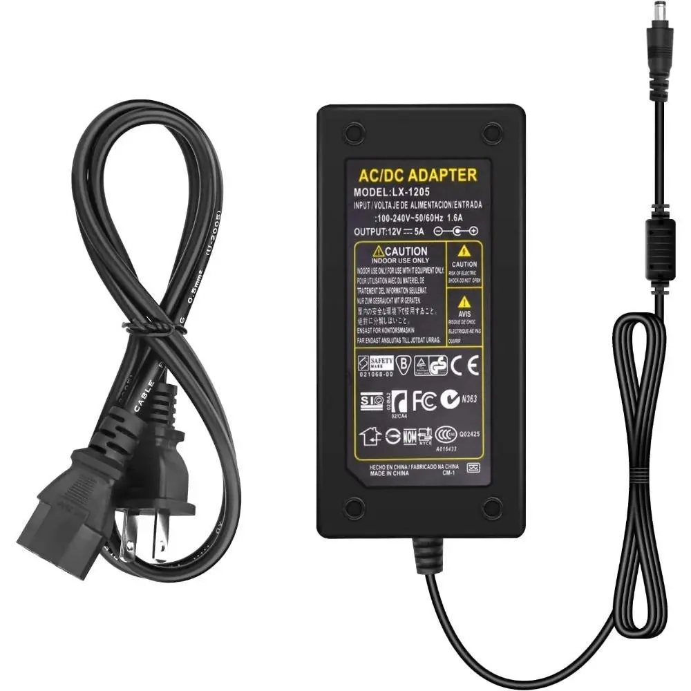 12V DC 5A 50Watts Commercial Grade Low Noise Power Supply - AC 120V to 12V DC Transformer Adapter with Output Jack, Indoor Outdoor Use, for LED Strip Lights, Neon Rope (Light Black) - Camping & Hiking Essential, Ac 120V To 12V Dc Transformator