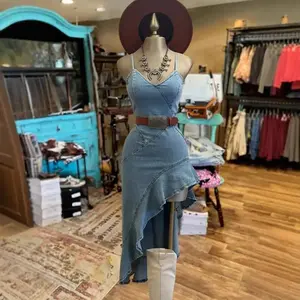 2025 Summer Outfits - Western Sexy Sling Denim Dress, Casual and Comfortable One - sided Slant Hem Dress