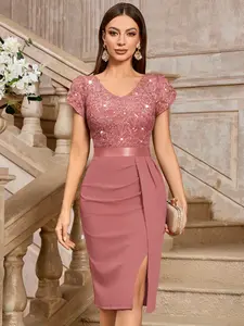 Elegant Beaded Sequin Lace V-Neck Ruched Slit Party Dress, Short Sleeve Floral Fitted Knee Length, All Seasons Fashion