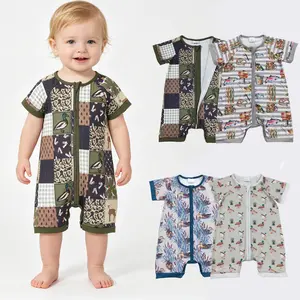 Patchwork Hunting Theme Baby Romper - Baby Clothes, Mallard Duck & Deer Print Zipper Shortall Sleeper for Boys
