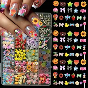3D Candy Nail Charms, Lollipop Donuts Multi Shapes and Colors Heart Star for Nail Art, Assorted Cute DIY Decorations Design With Pickup Tools