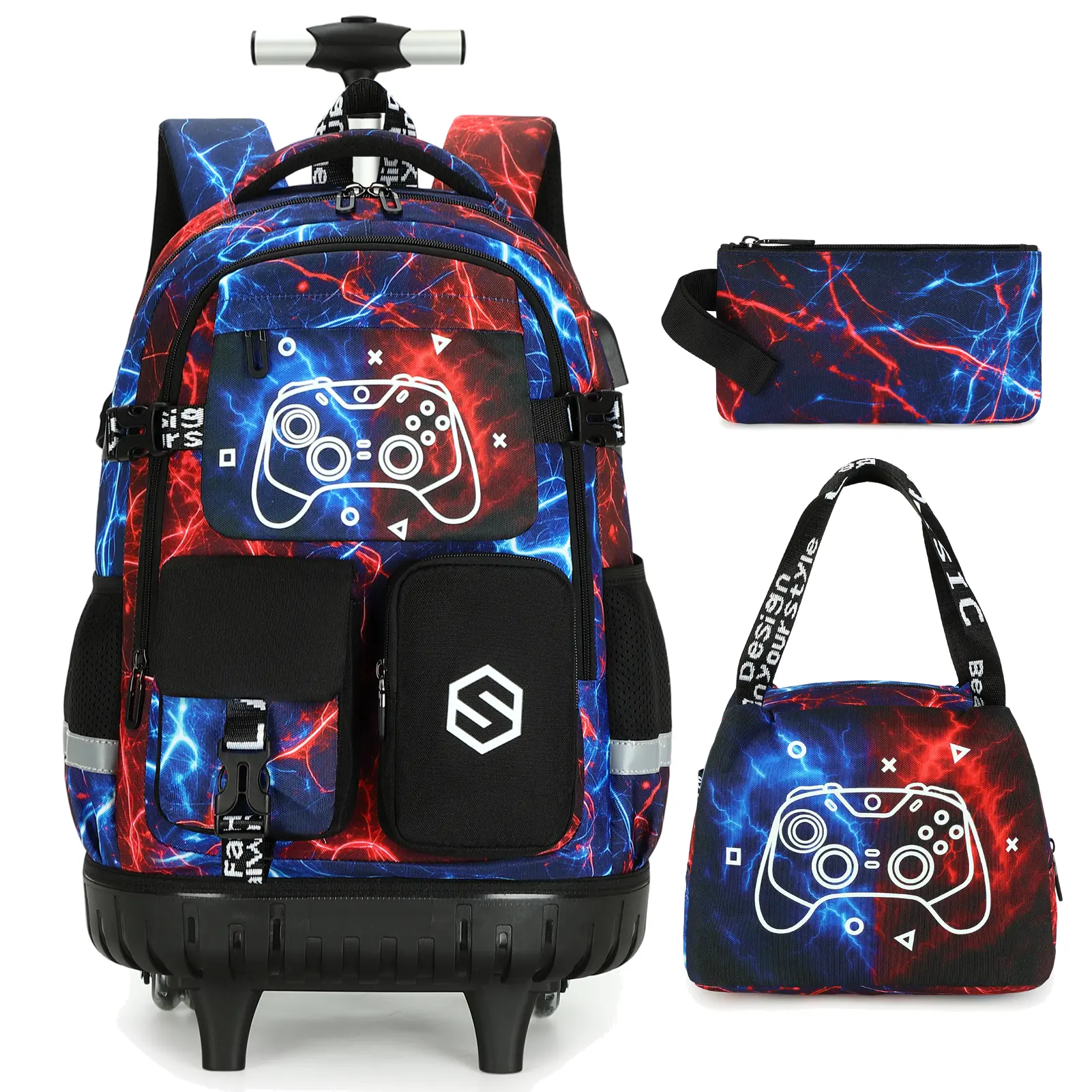 SIMILOVE Cool Luminous Rolling Backpack for Boys with Lunch Bag Pencil Pouch 3Pcs Waterproof Boys Roller School Bag for Kindergarten Elementary Middle School, Kids Backpack Bookbag with Wheels