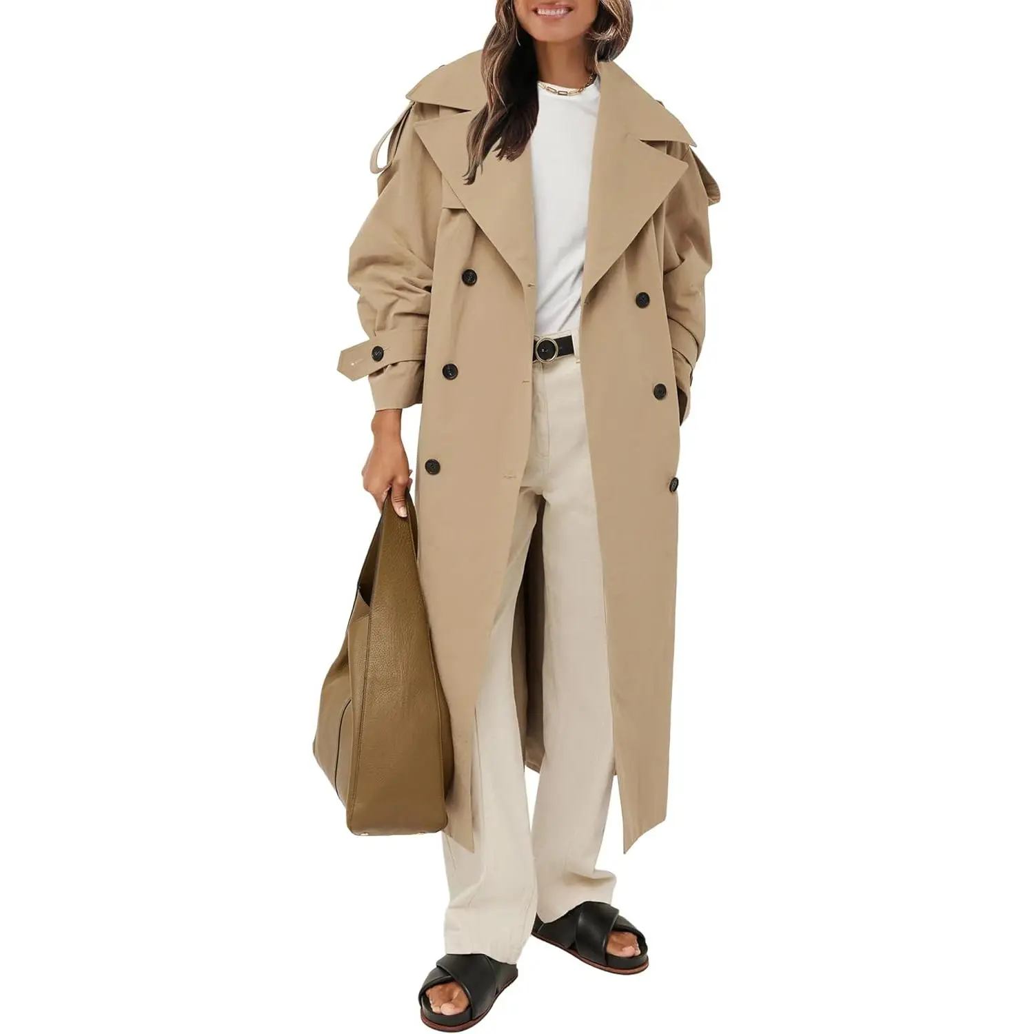ARTFREE Womens Oversized Long Trench Coat Double Breasted Lapel Windproof Overcoat with Belt