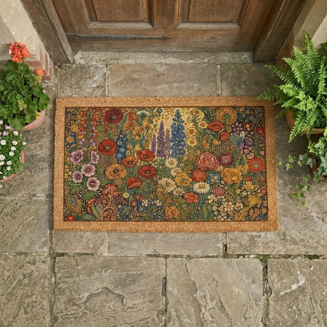 Natural Coir Doormat with Colorful Wildflower Garden Design – Non-Slip Entryway Rug