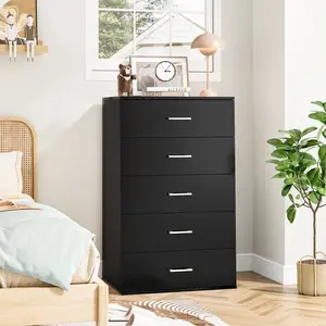 FOTOSOK 5 Drawer Black Dresser, Tall Dresser with Metal Handles,Vertical Bedroom Chest of Drawers, Wood Storage Cabinet for Living Room