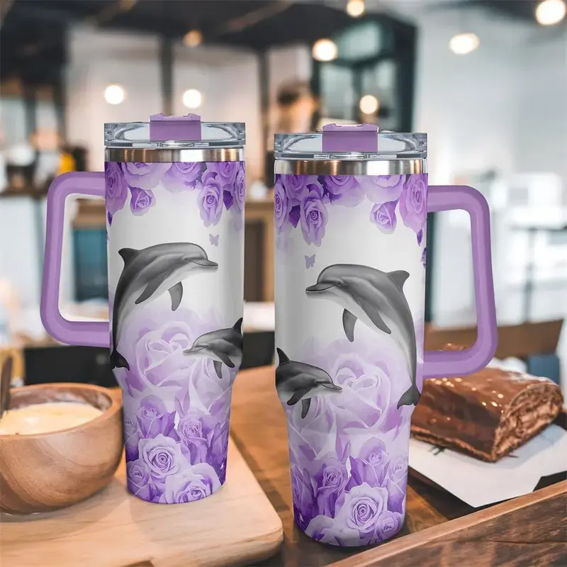 40oz Tumbler with Lid, 1 Count Dolphin Pattern Insulated Tumbler, Durable Gift for Any Occasion for Family, Friends, Or Coworkers, Drinkware
