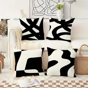 4pcs Modern Abstract Geometric Throw Pillow Cover, Black and Beige Art Line Pillow Cases Modern Home Decorative Cushion Covers for Couch Chair Bedroom Farmhouse Sofa Not Including Pillows