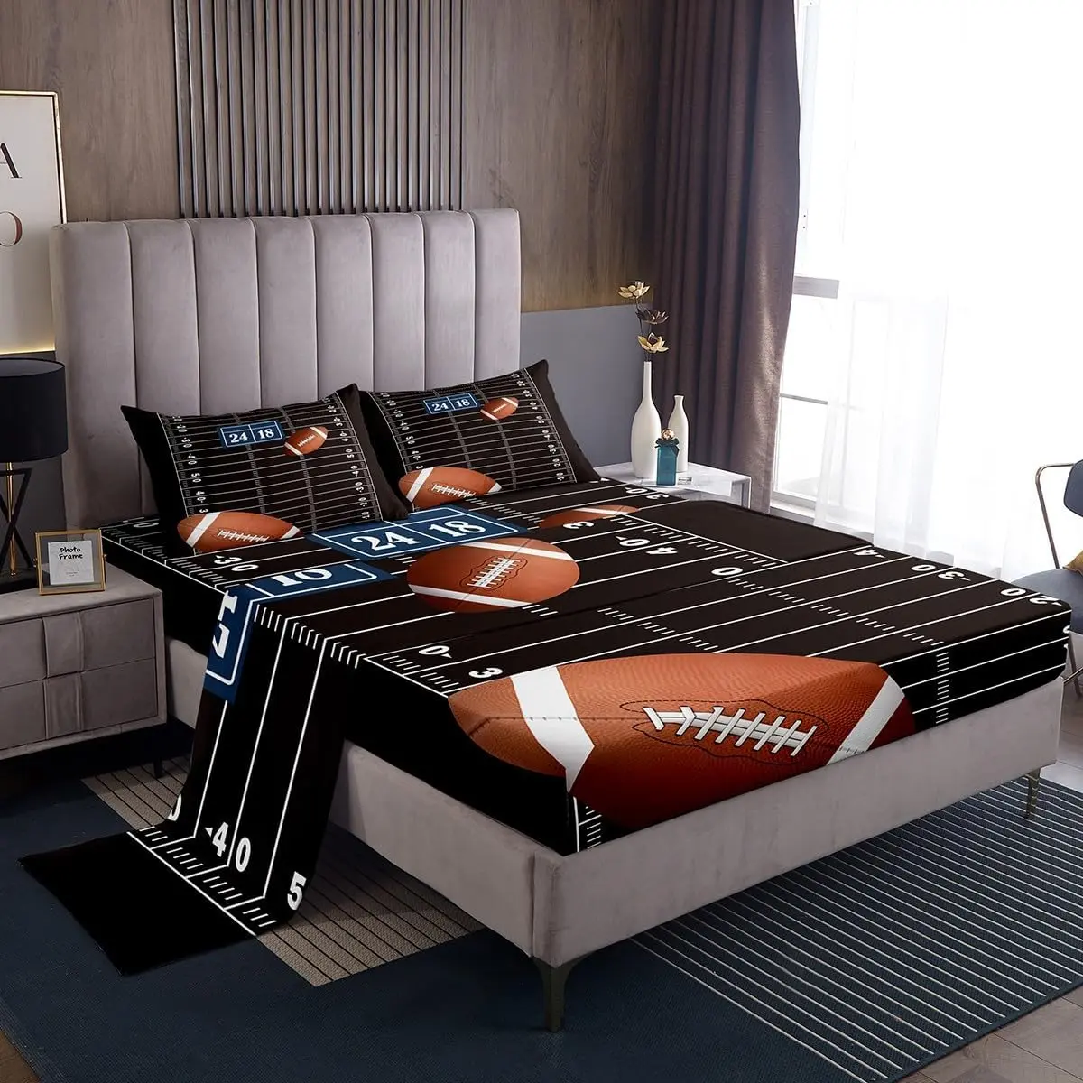 Feelyou Sport-Theme Microfiber Bedding Set - Black Football & Rugby Sheets with Deep-Pocket Fitted Sheet, Breathable Linens, Microfiber Bed Sheets