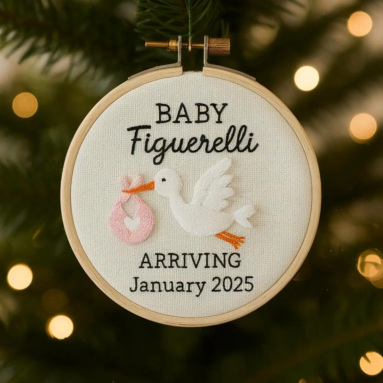 Personalized Stork Baby Announcement Ornament, Embroidered Keepsake DT1
