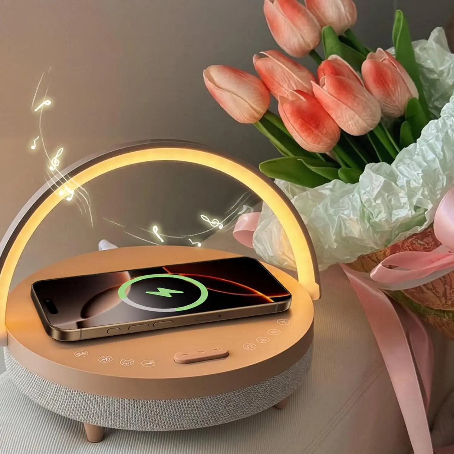 6-in-1 Aesthetic Night Light with Wireless Charger – Bluetooth Speaker + White Noise + Touch Lamp + Phone Holder – Best Gift for Bedroom, Desk & Relaxation Usb Emergency Rechargeable