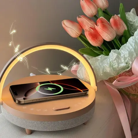 6-in-1 Aesthetic Night Light with Wireless Charger – Bluetooth Speaker + White Noise + Touch Lamp + Phone Holder – Best Gift for Bedroom, Desk & Relaxation Usb Emergency Rechargeable