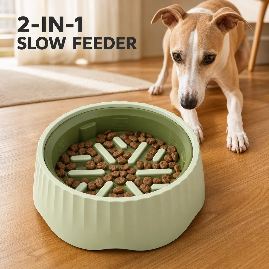 2-in-1 Slow Feeder Bowl for Dogs & Cats - Elevated Design with Divider, Slows Eating, Green Pet Feeding Accessory