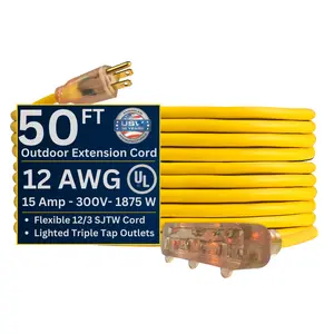 US Wire and Cable 12/3 Gauge Lighted Heavy Duty General Purpose Triple Tap Extension Cords – 12/3 Gauge, Yellow, Kink-Resistant, Heavy Duty, Multi Outlet, Power Indicator Light, SJTW, Made in USA