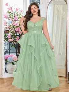 MISSMAY P24465A Plus Size Women Deep V-Neck Sequin Lace Contrast Mesh Ruffle Hem Elegant Evening Party Long Dress, Formal Wear, Summer Dress, Wedding Guest Dress, Formal Prom, For Birthday, Dinner, Homecoming, Graduation
