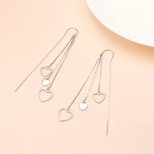 Sterling Silver Threaded Earrings Heart Tassel Dangle Drop Long Chain Earrings Jewelry Gifts For Women