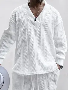 Men's Autumn Casual Knit Sweater, Loose Long Sleeve V-Neck Pullover, Striped Print Fitted Top, Fall & Winter Fashion, Knitted Pullover