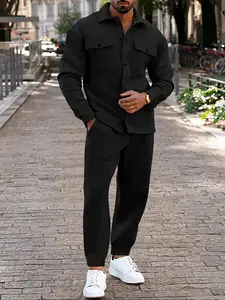 Men's 2-Piece Set Fleece Jacket & Pants, Button Front Long Sleeve Shirt with Drawstring Waist, Outdoor Casual Daily Wear