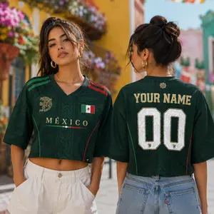 Custom Mexico Soccer Crop Top Mesh Jersey, Personalized Soccer Jersey Crop Tee, Mexico Jersey
