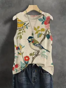 Elegant Women's Cartoon Animal Bird Floral Print Round Neck Cardigan, Sleeveless Knit Vest for Spring Summer Fall, Breathable Casual Top
