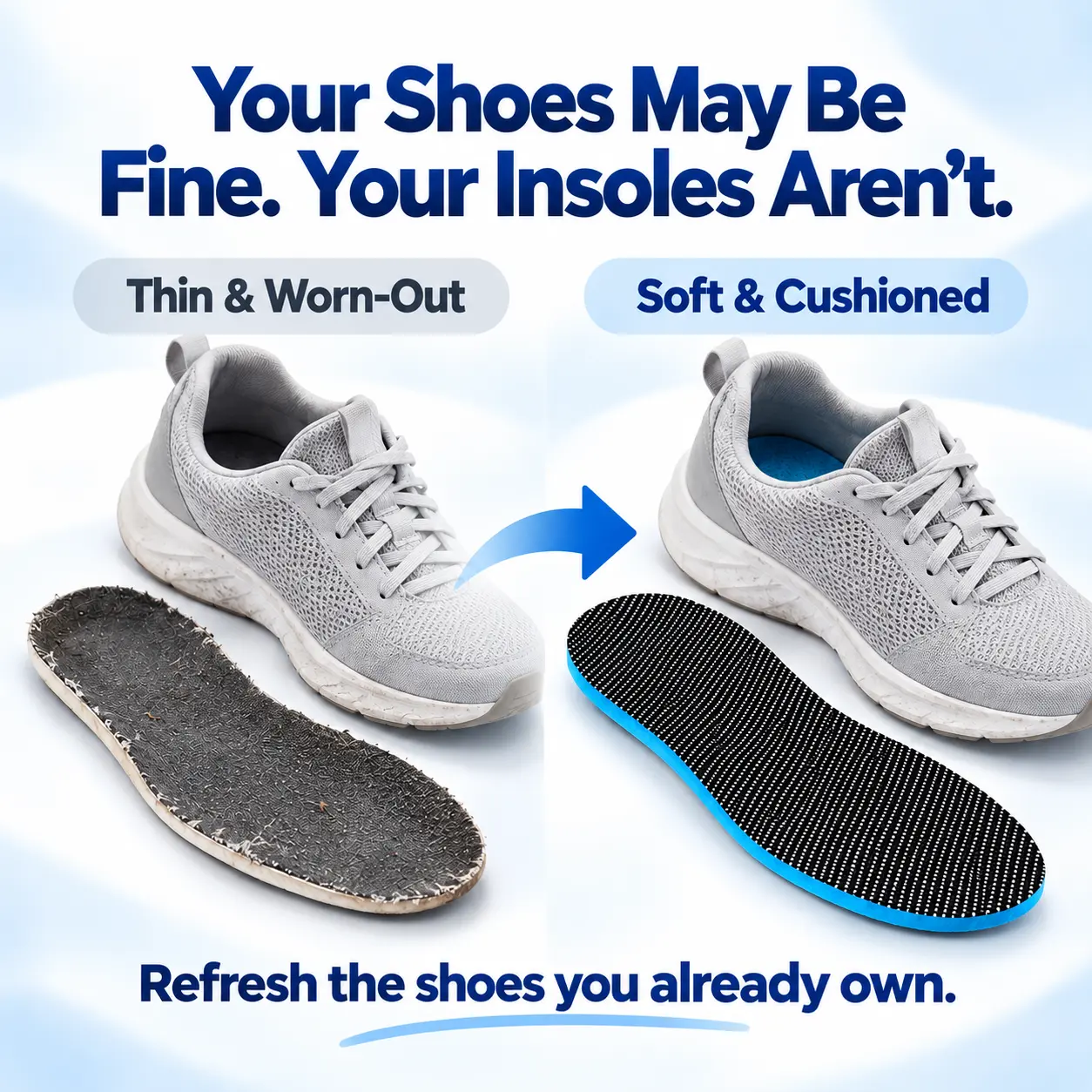 Unisex Comfort Insoles, Lightweight Cushioned Shoe Inserts with Breathable Sweat-Absorbing Fabric, Soft Insoles for Walking, Running & Everyday Shoes to Relieve Foot Pain