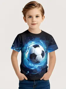 Blue Flame Football Print Short Sleeve T-Shirt, Graphic Fashion Tee, Graphic Printed Shirt, Graphic Tees, Comfortable Casual Versatile Outerwear, Daily Wear 100% Polyester Kids Summer Clothing