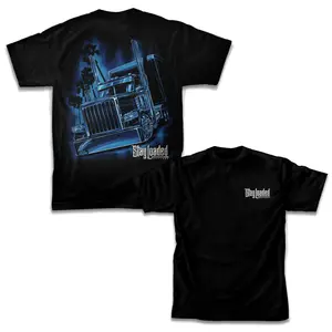 Stay Loaded Racing T-Shirt with 2 Sides Graphic, Bold Blue Semi Truck Back Print with Palm Tree Night Scene, Soft Cotton Blend Shirt, Streetwear Apparel for Men and Women, Gift for Truckers and Automotive Lifestyle Fans