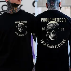 (Two side) PROUD MEMBER OF FCK YOUR FEELINGS Skull Print Men's T-Shirt, Top Menswear Cotton Tee Shirt, Unisex Fashion, Soft Fabric, ShortSleeve, Regular Fit, Casual Streetwear