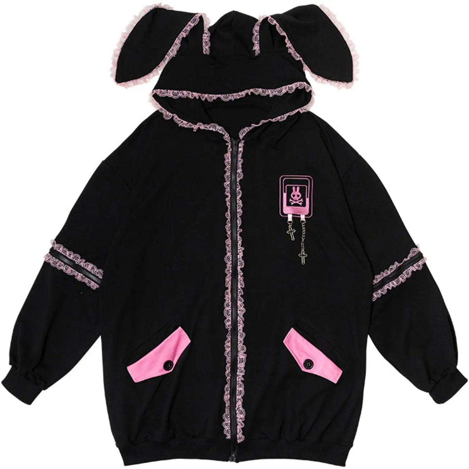 Japanese punk loli Harajuku style black & pink bunny hoodie