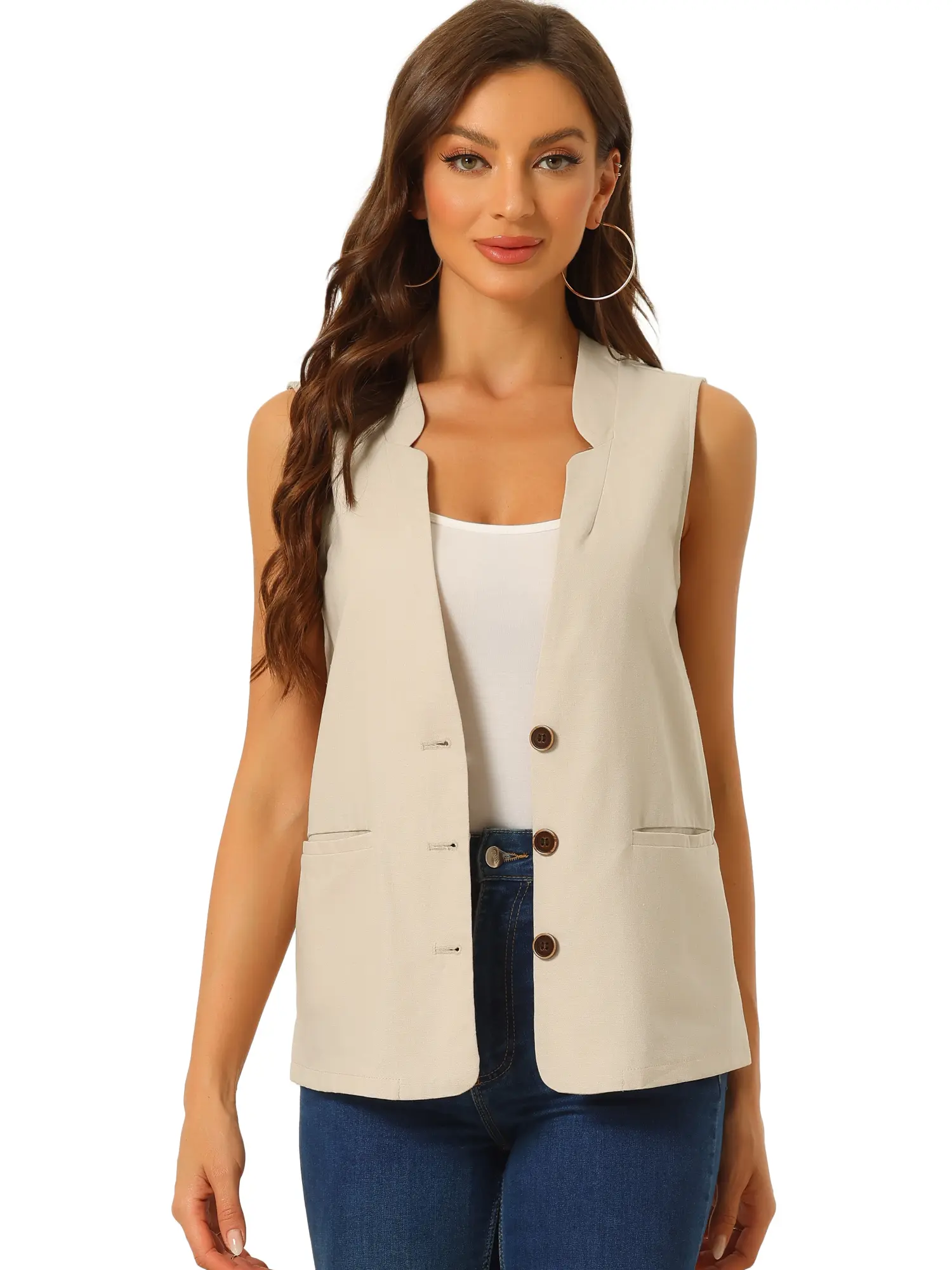 INSPIRE CHIC Cotton Linen Vest Women's Casual V Neck Button Down Sleeveless Jacket