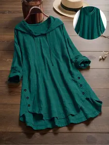 Plus Size Casual Fashion Women’s Hooded Shirt: Oversized Loose Fit Rolled Sleeve Asymmetrical Hem Button Decor Plaid Longline Lady Blouse, Lightweight Comfort Fabric for Daily/Street/Vacay, Tops, Womenswear