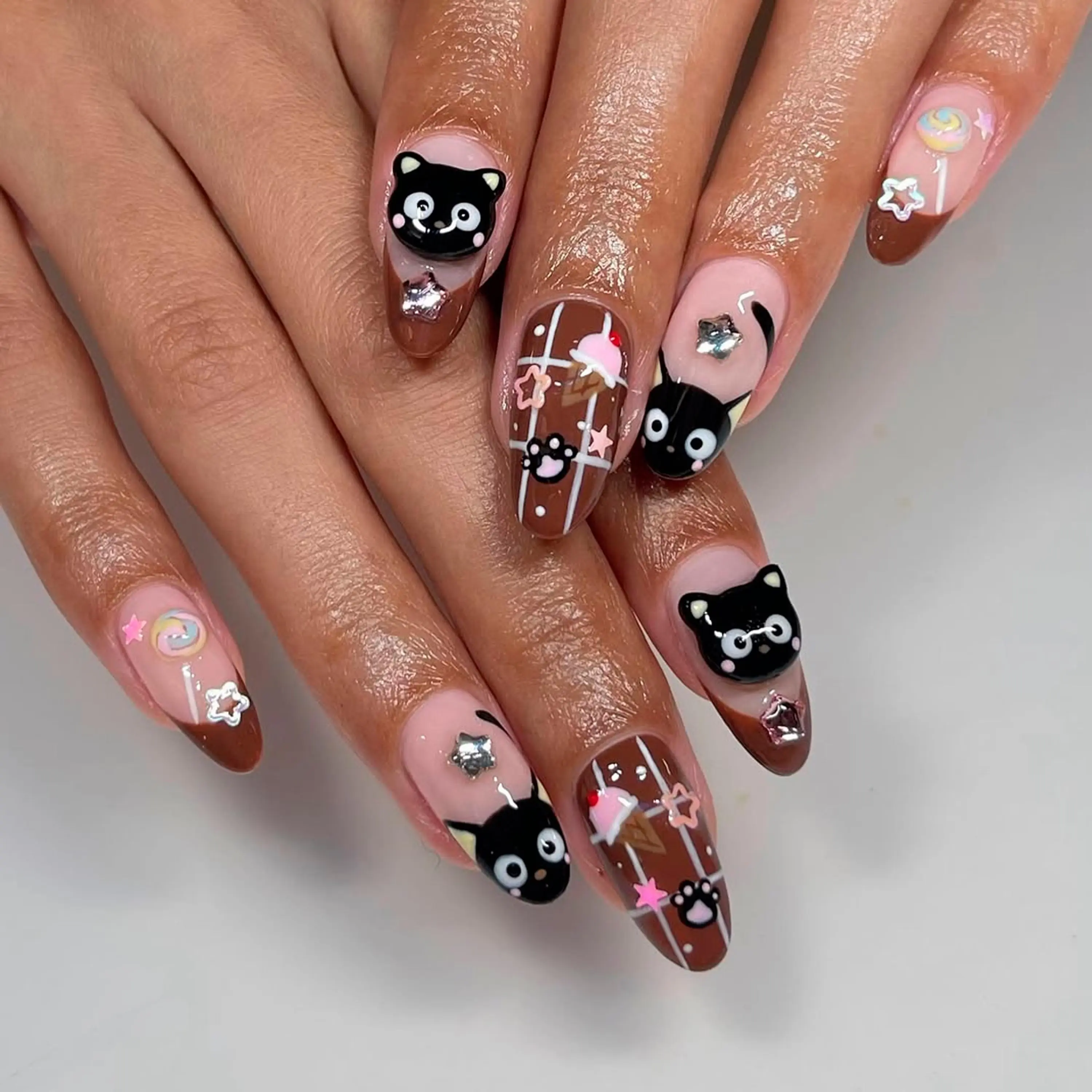 Chococat Press On Nails, Brown Pink 3D Cat Charms, Kawaii Almond Nails