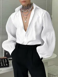 Men's Solid Textured Pit Stripe Shirts Lapel Patchwork Puff Long Sleeve Top for All Season, Shirt for Party, Streetwear Fashion Men's Clothes for Daily Wear, Casual Longsleeve Top