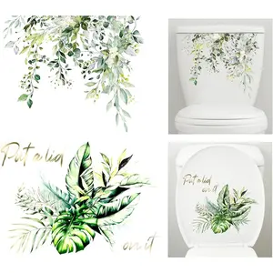 Fumwase 2pcs Toilet Tank and Seat Stickers Set with Different Patterns Self-Adhesive Green Leaf Removable Toilet Stickers Decals Waterproof Toilet Lid Decals for Bathroom Wall Decor