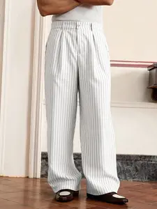 Striped Wide Leg Suit Pants, Unisex Loose Straight Fit, Drapey Slimming Long Pants, Casual Korean Style, Polyester, All Seasons, Casual Fit Bottoms