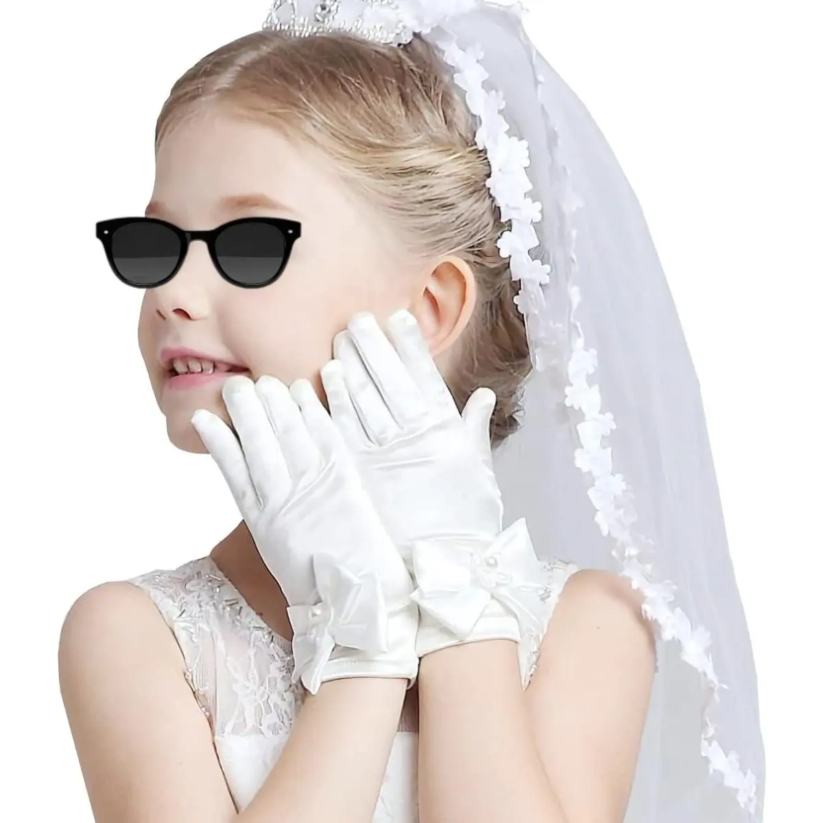 Girls' White Silky Polyester Princess Gloves, Dress Up Costume Accessories for Parties & Birthdays - 1 Size, Party, One Size