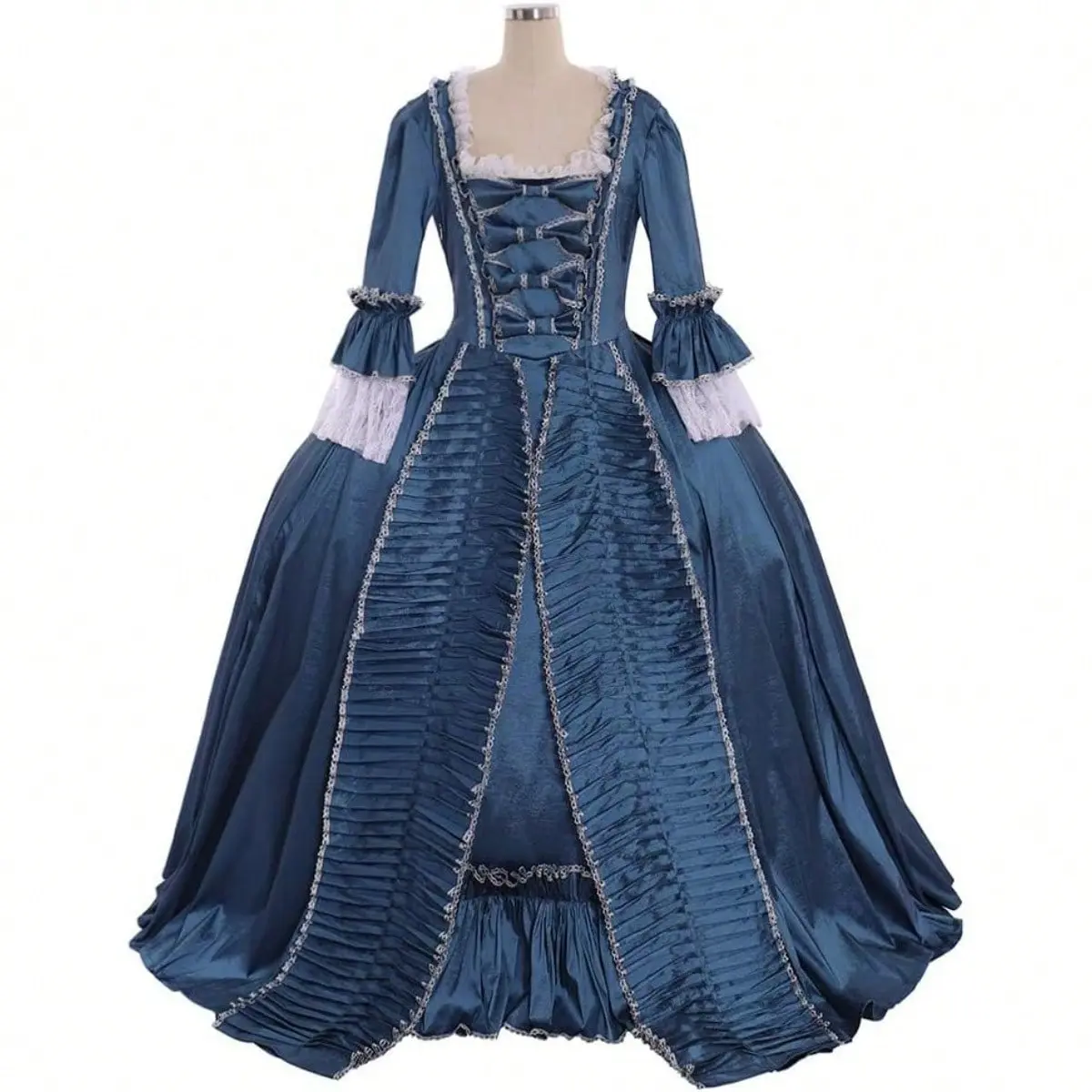 Women's Deep Blue Rococo Ball Gown - Gothic Victorian Marie Antoinette Fashion Costume with Intricate Lace, Gothic Ornamental Details, Luxurious Fabric, Accessories for Historical Cosplay, Victorian Mourning Elements, Wide Pannier Silhouette, Garment, Ele
