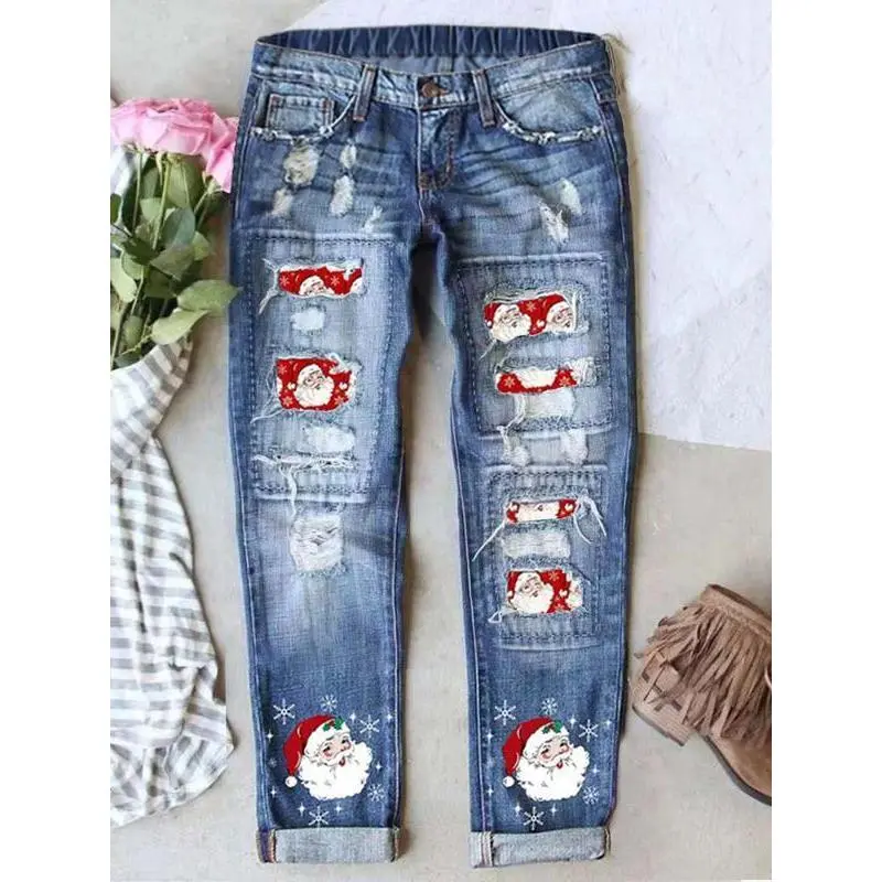 Classic Women's Christmas Print Denim Jeans, Casual Fitted Style with Elastic Waistband and Comfortable Breathable Fabric, Provides a Comfortable Flexible Fit, Quality Crafted for Daily Comfort