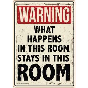 What Happens In This Room Metal Sign - Easy-to-Hang Wall Decor - Fun Tin Signs for Man Cave - Metal Dorm Room Decorations, Garage Signs, and Man Cave Signs