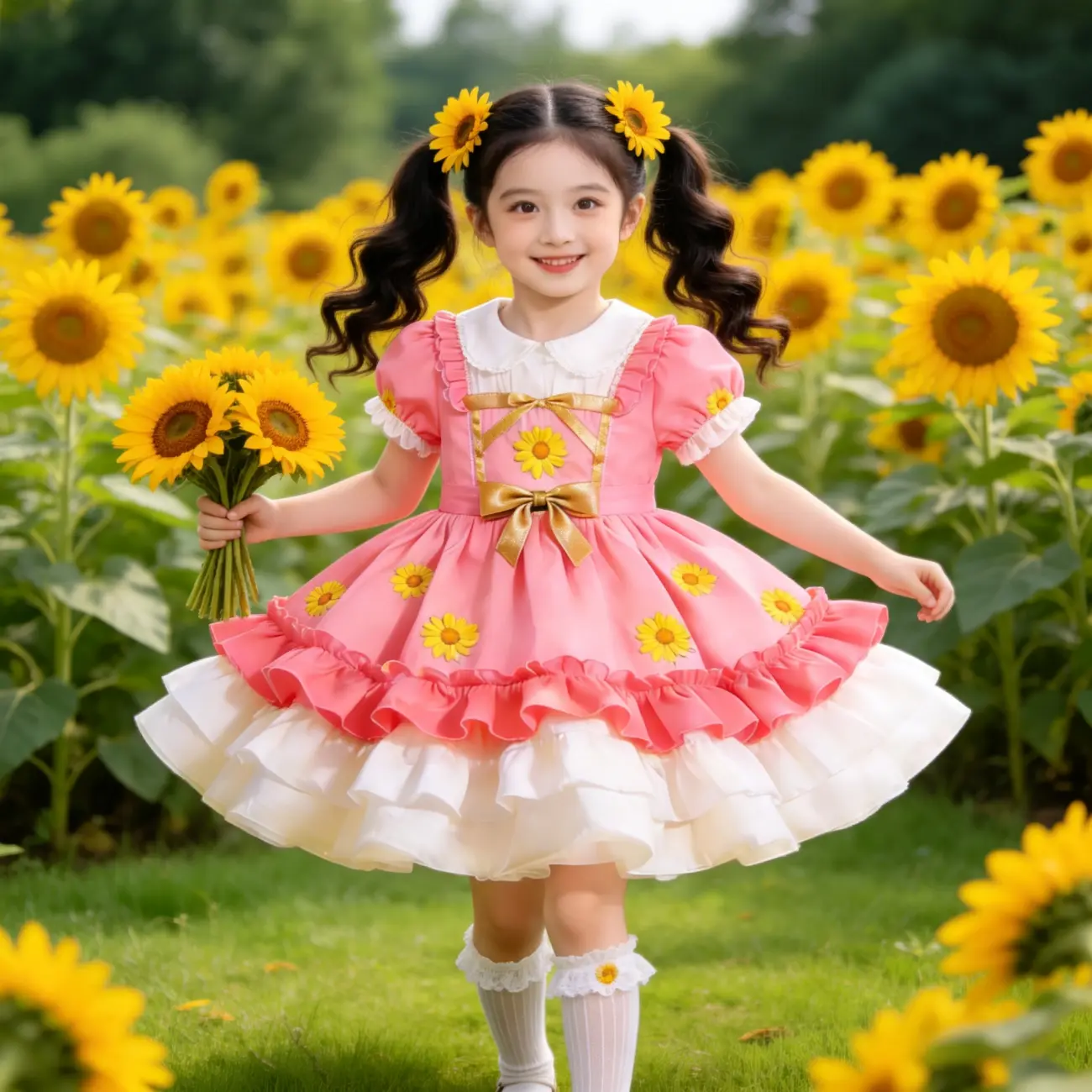 Girls’ dress featuring sunflower embroidery; princess summer style with a Peter Pan collar, puff short sleeves, double-layered ruffled skirt, and a fluffy cake skirt; pink children’s birthday party outfit for outdoor photoshoots and performances.