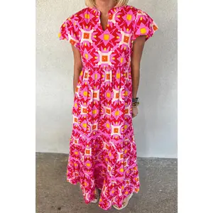 Strawberry Pink Geo Print V-neck Long Dress