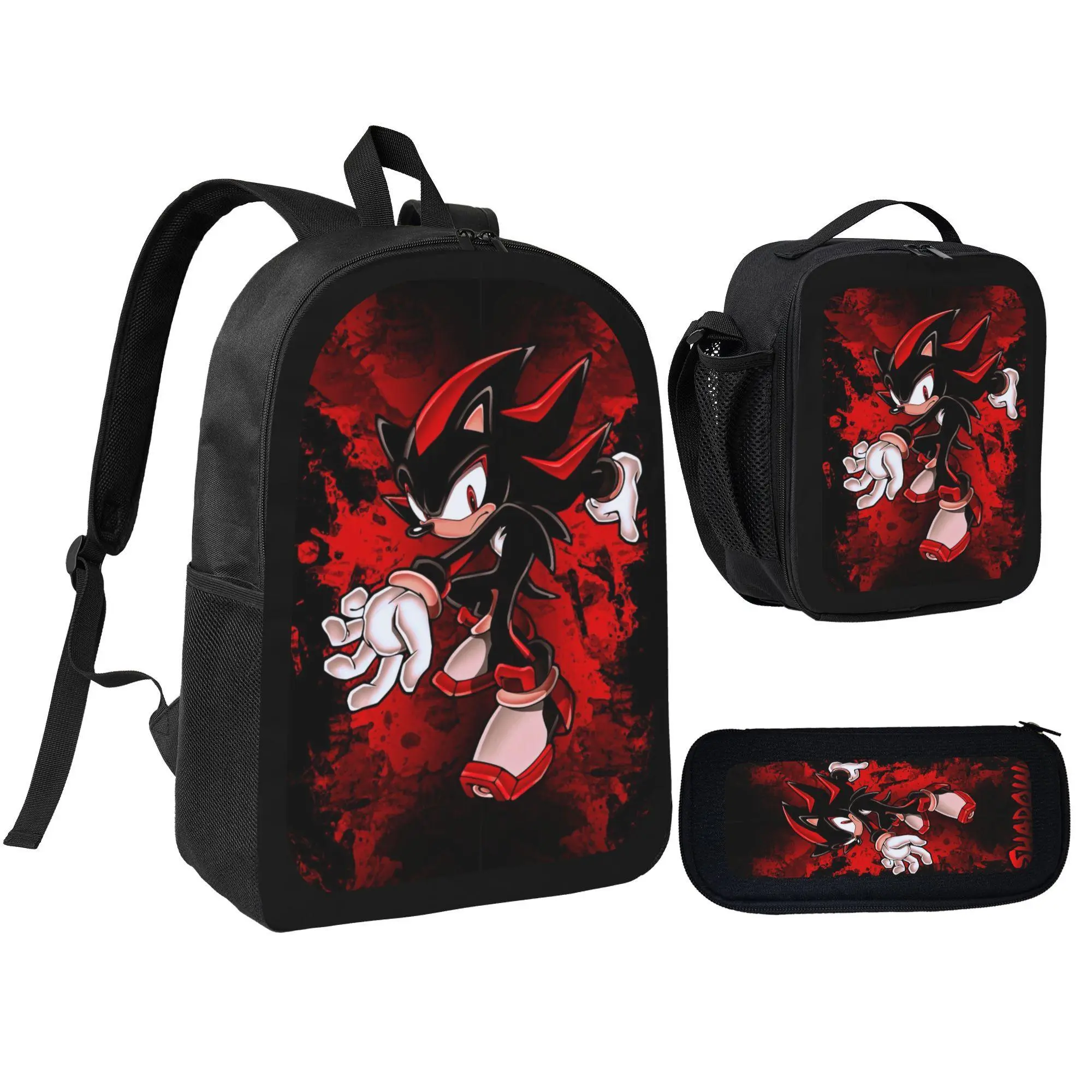 [3Pcs Backpack Set] Shadow The Hedgehog Red Black Anime Character Print With Lunch Bag Pencil Pouch School Bag For Boys Kids Students Teenagers Daily Use Travel Gift